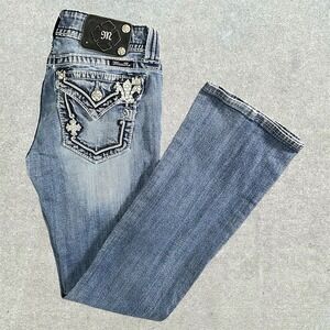 Miss Me Boot Cut Jeans Size 28 X 30" Medium Wash Denim Cross Rhinestone Pockets